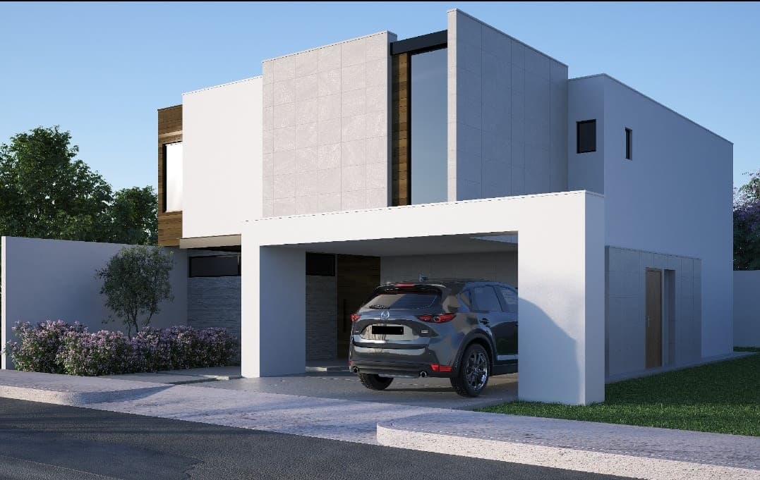 Render de fachada en tres cuartos de la casa de volúmenes blancos