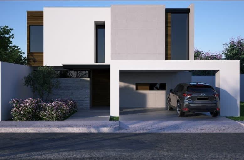 Render frontal de la casa de volúmenes blancos