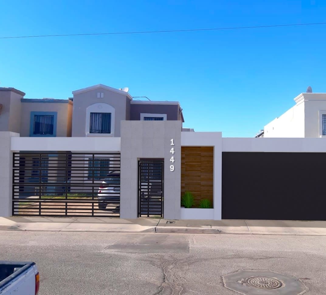 Fachada minimalista 1449 con barda blanca, número flotante y panel de madera